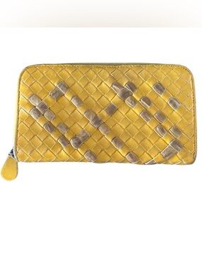 Bottega Veneta Yellow Woven Zip-Around Long Wallet with Taupe Inlay